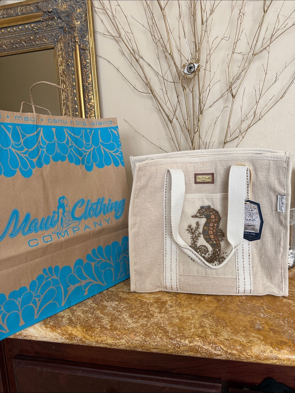Sun n Sand Beige Canvas Tote with Beaded Seahorse- purchased in Maui